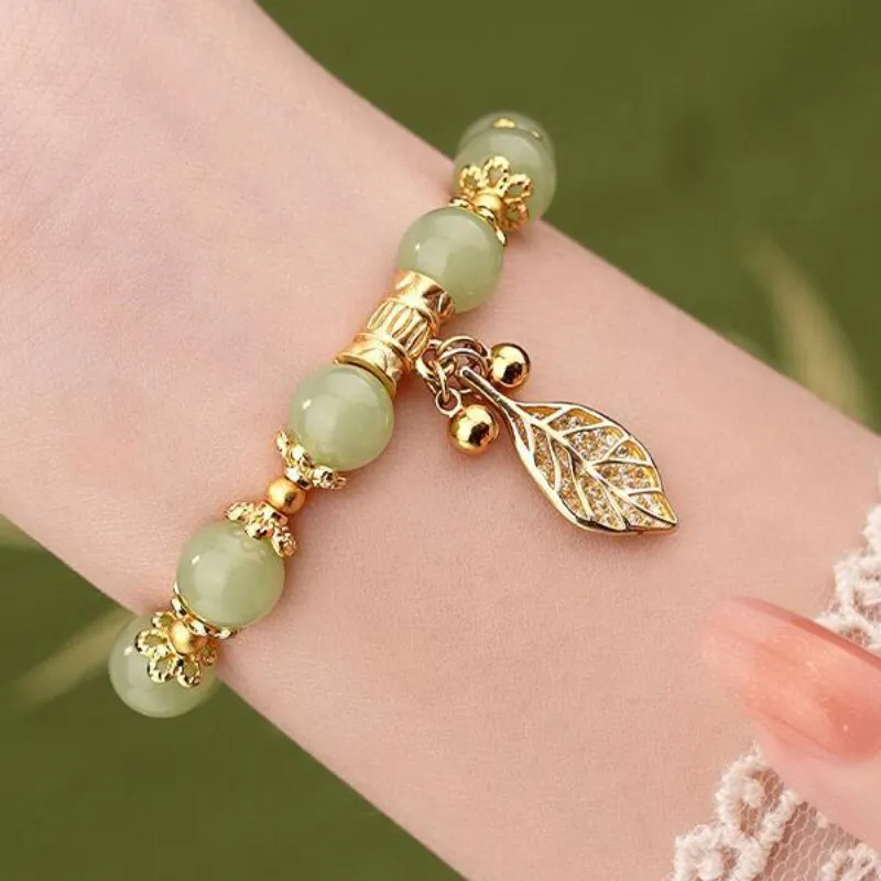 Classic Ancient gold craft bangles natural Hotan Jade leaf exquisite Bracelet for women