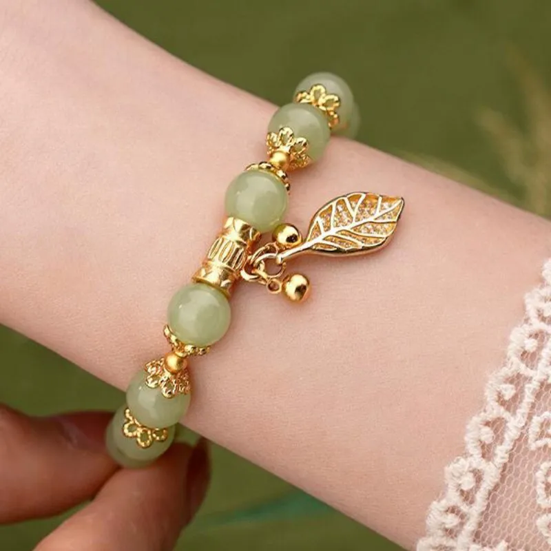 Classic Ancient gold craft bangles natural Hotan Jade leaf exquisite Bracelet for women
