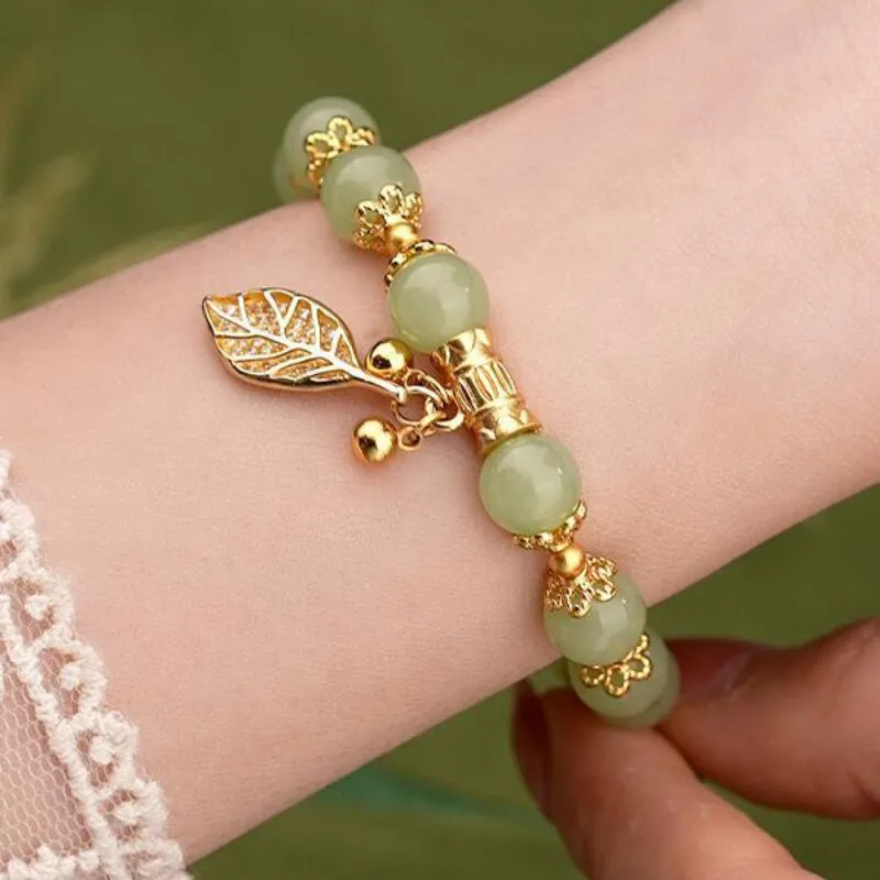 Classic Ancient gold craft bangles natural Hotan Jade leaf exquisite Bracelet for women