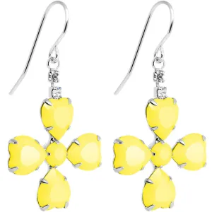 Clear Gem Yellow Neon Four Leaf Flower Dangle Earrings