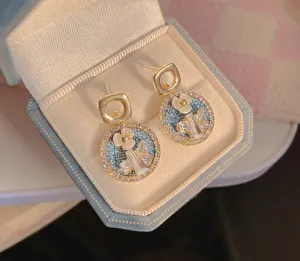 Crystal flower earrings, blue enamel earrings