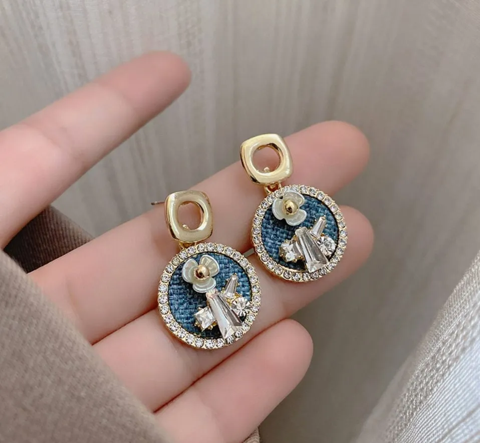 Crystal flower earrings, blue enamel earrings