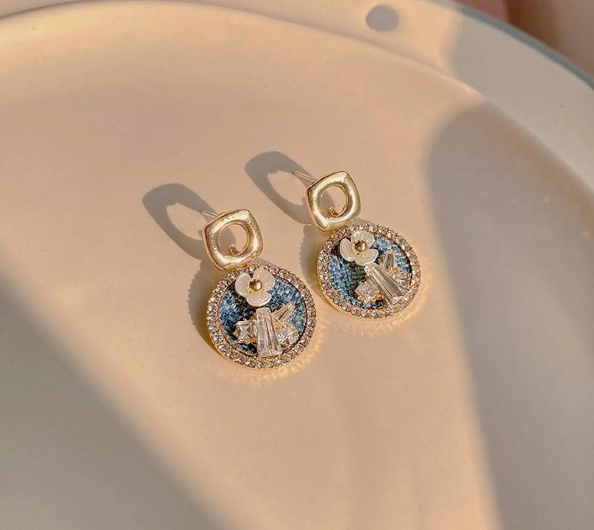 Crystal flower earrings, blue enamel earrings