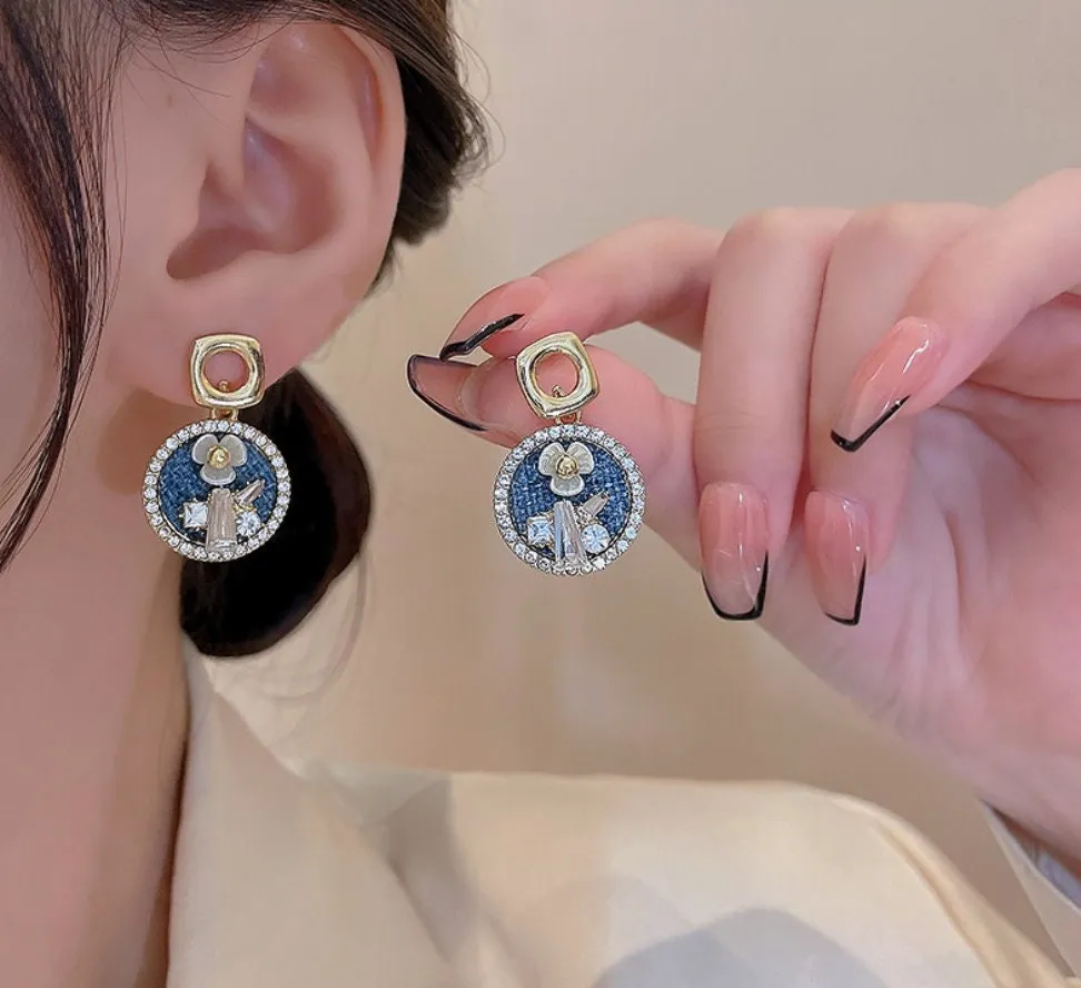 Crystal flower earrings, blue enamel earrings
