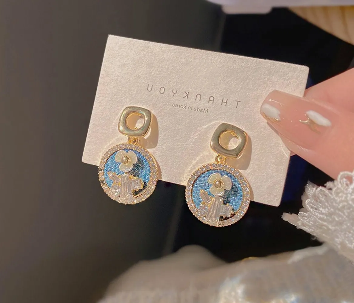Crystal flower earrings, blue enamel earrings