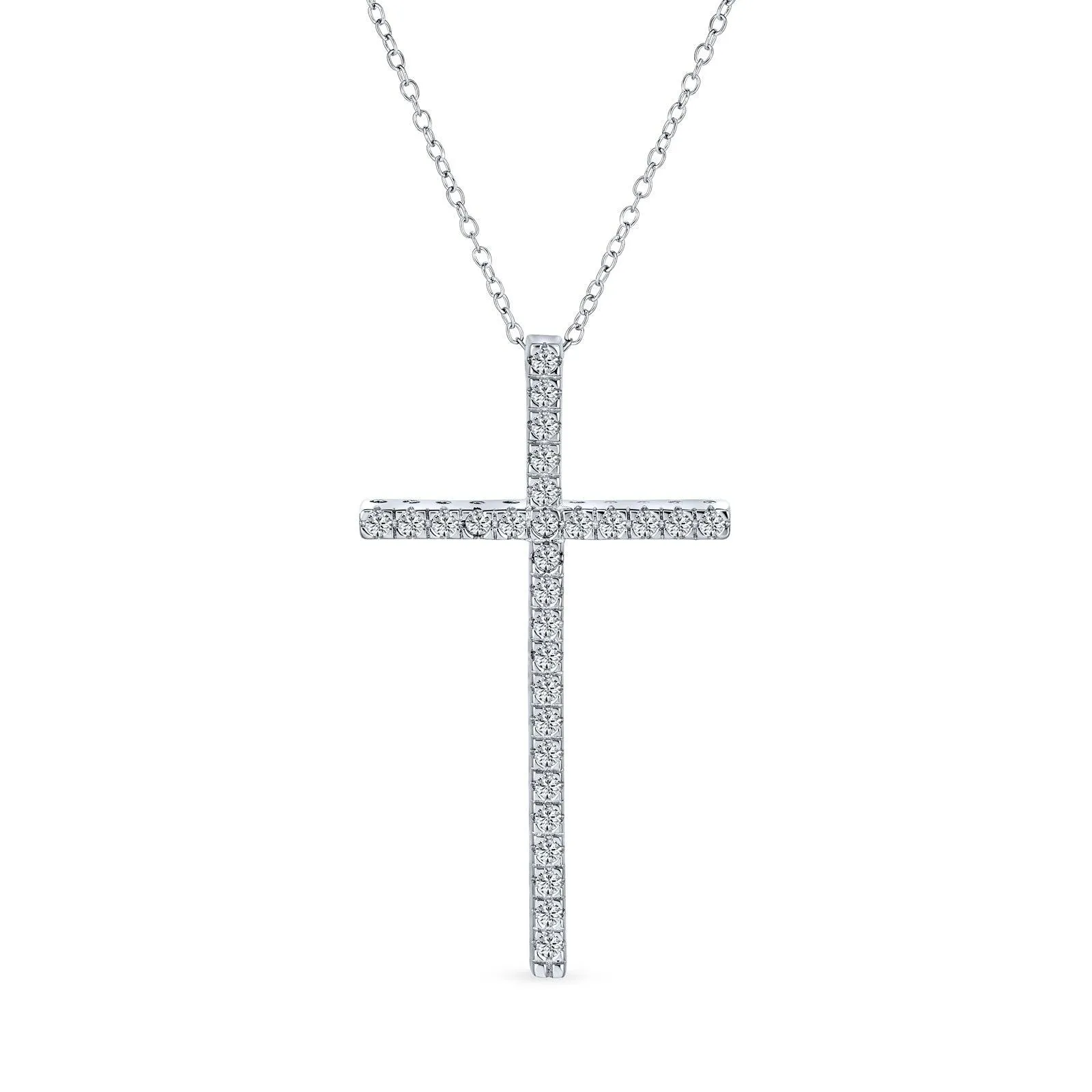 Cubic Zirconia Pave Cross Pendant Necklace in Sterling Silver with 1.75" Chain
