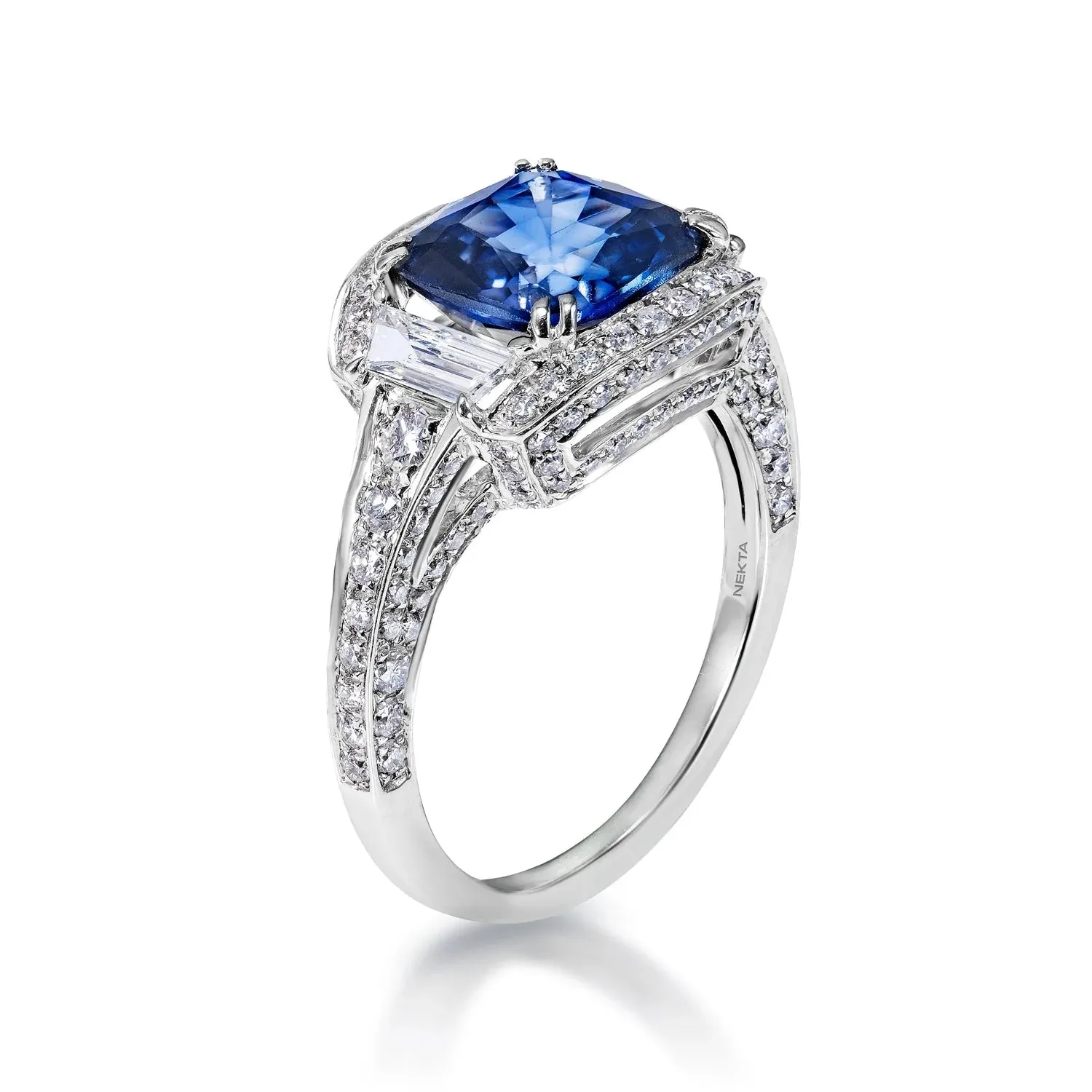 Daphne 4 Carat Vintage Inspired with Step Cut Blue Sapphire Ring in 18K White Gold