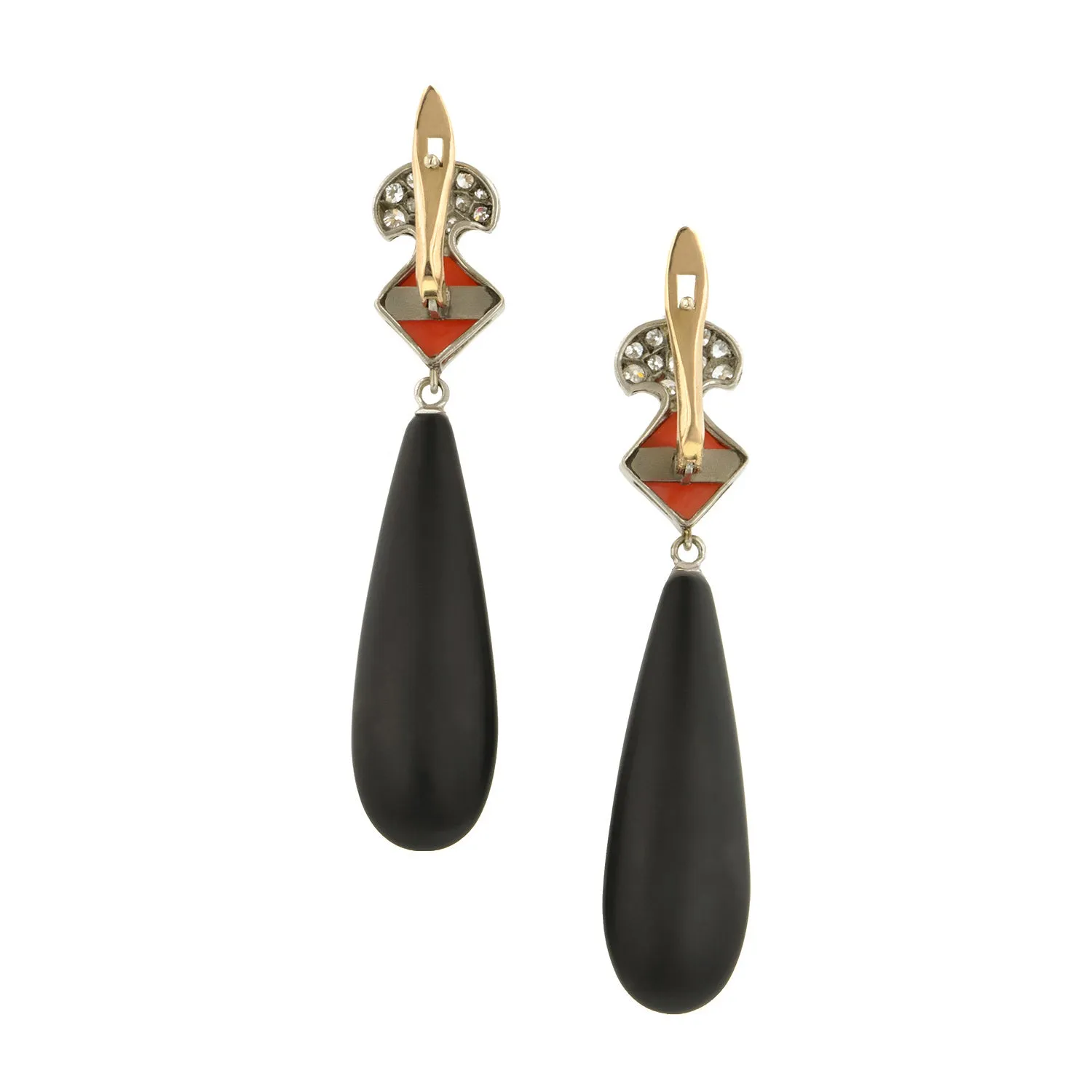 Diamond, Coral & Onyx Drop Earrings