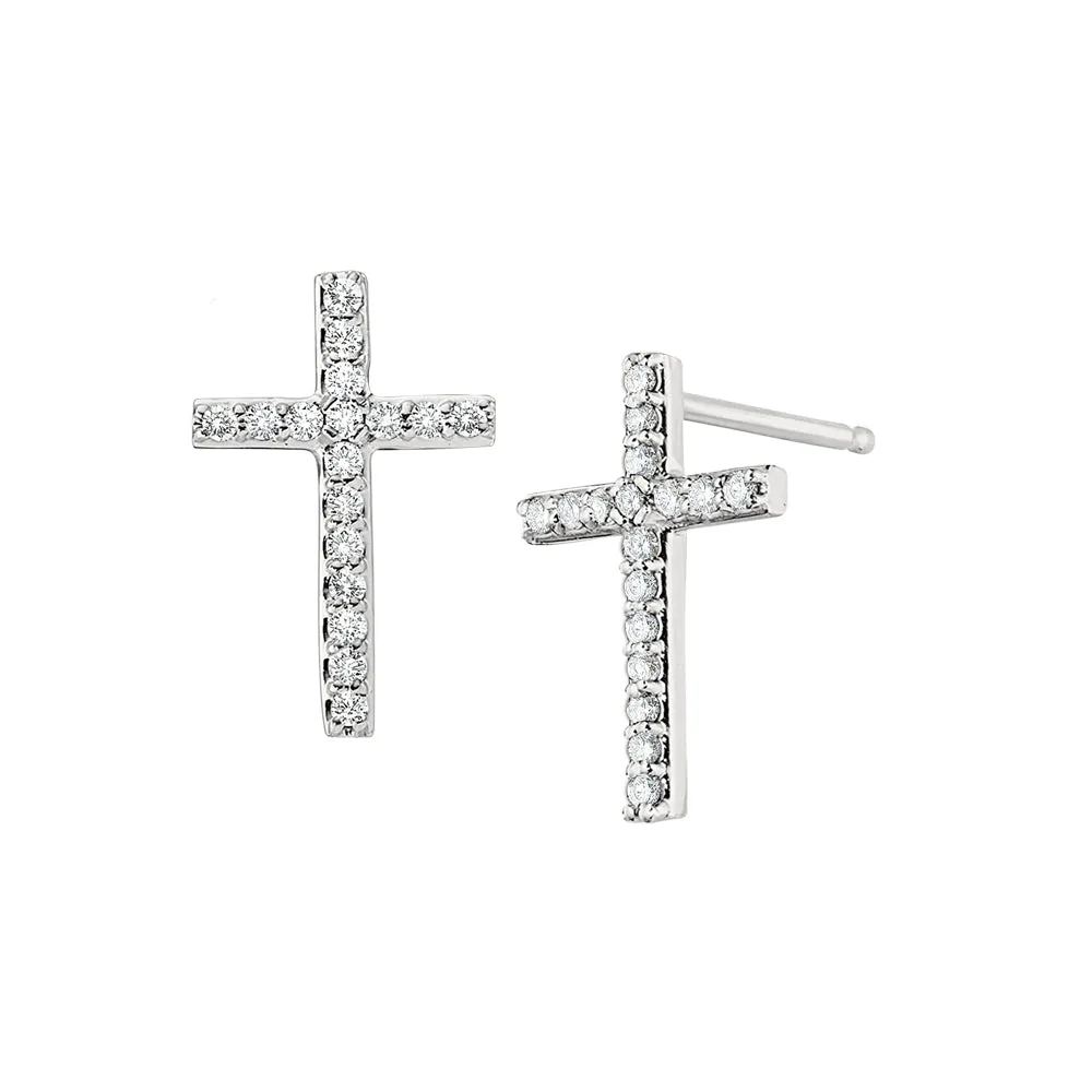 Diamond Cross Earrings in 14K White Gold