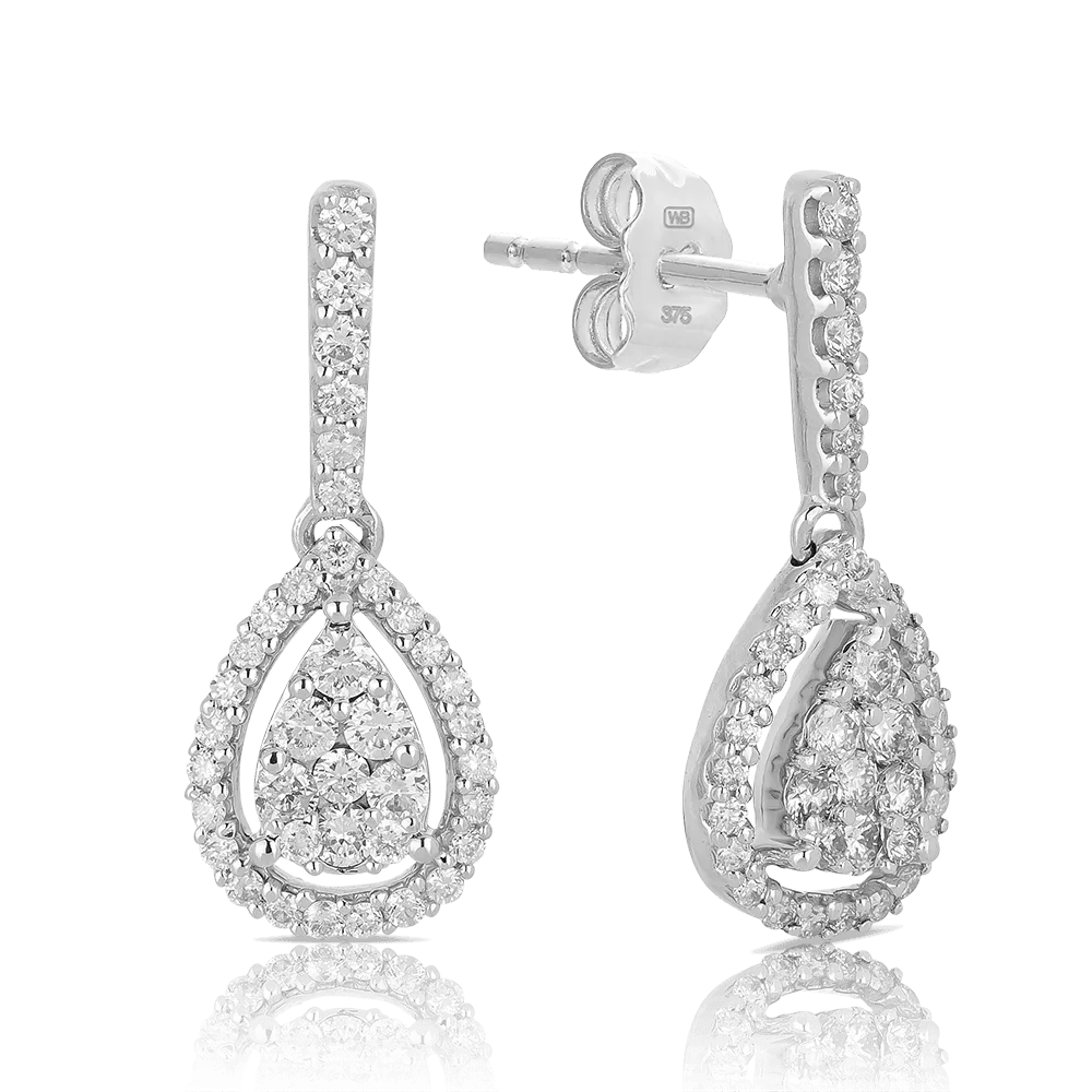 Diamond Pear Shape Cluster Drop Earrings in 9ct White Gold