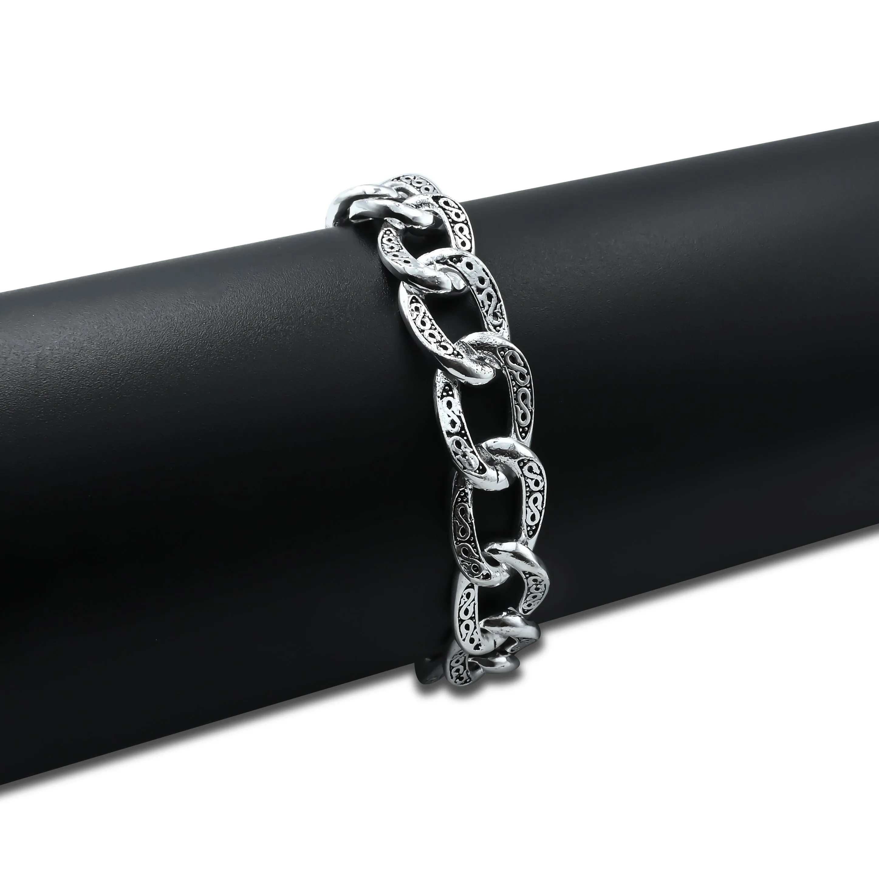 Engraved Link Chain Silver Bracelet For Men's