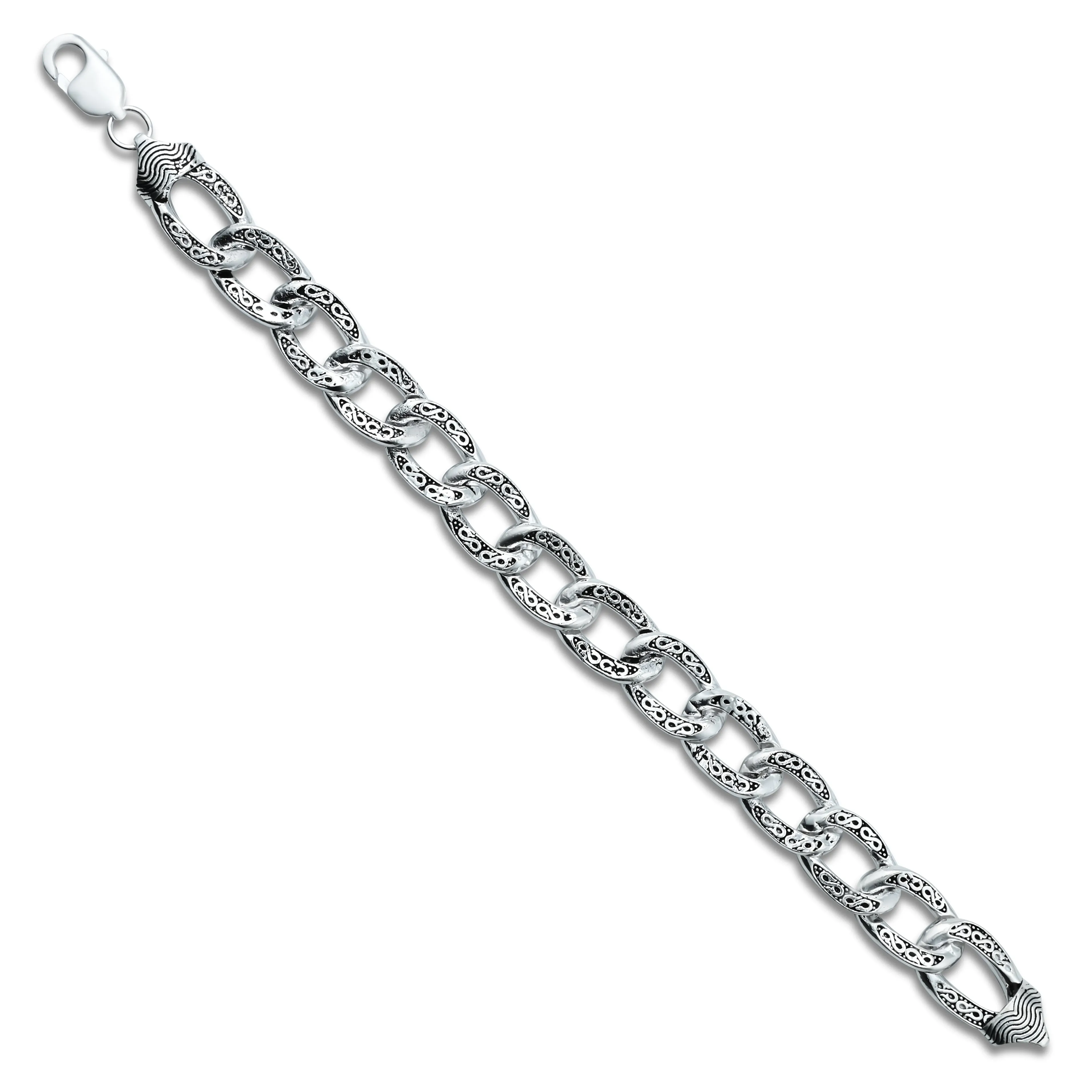 Engraved Link Chain Silver Bracelet For Men's