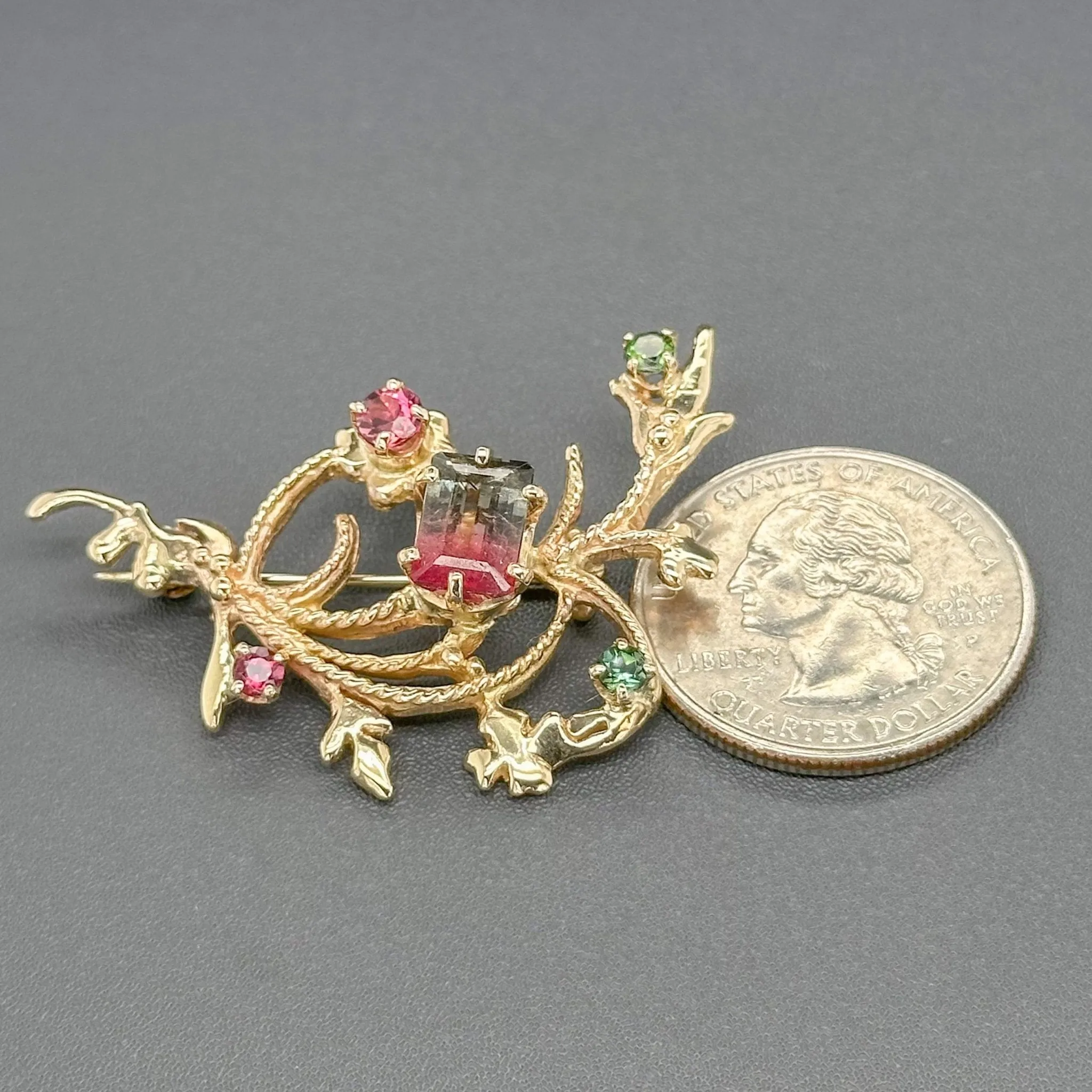 Estate 14K Y Gold 2.36ctw Multicolor Tourmaline Filigree Pin