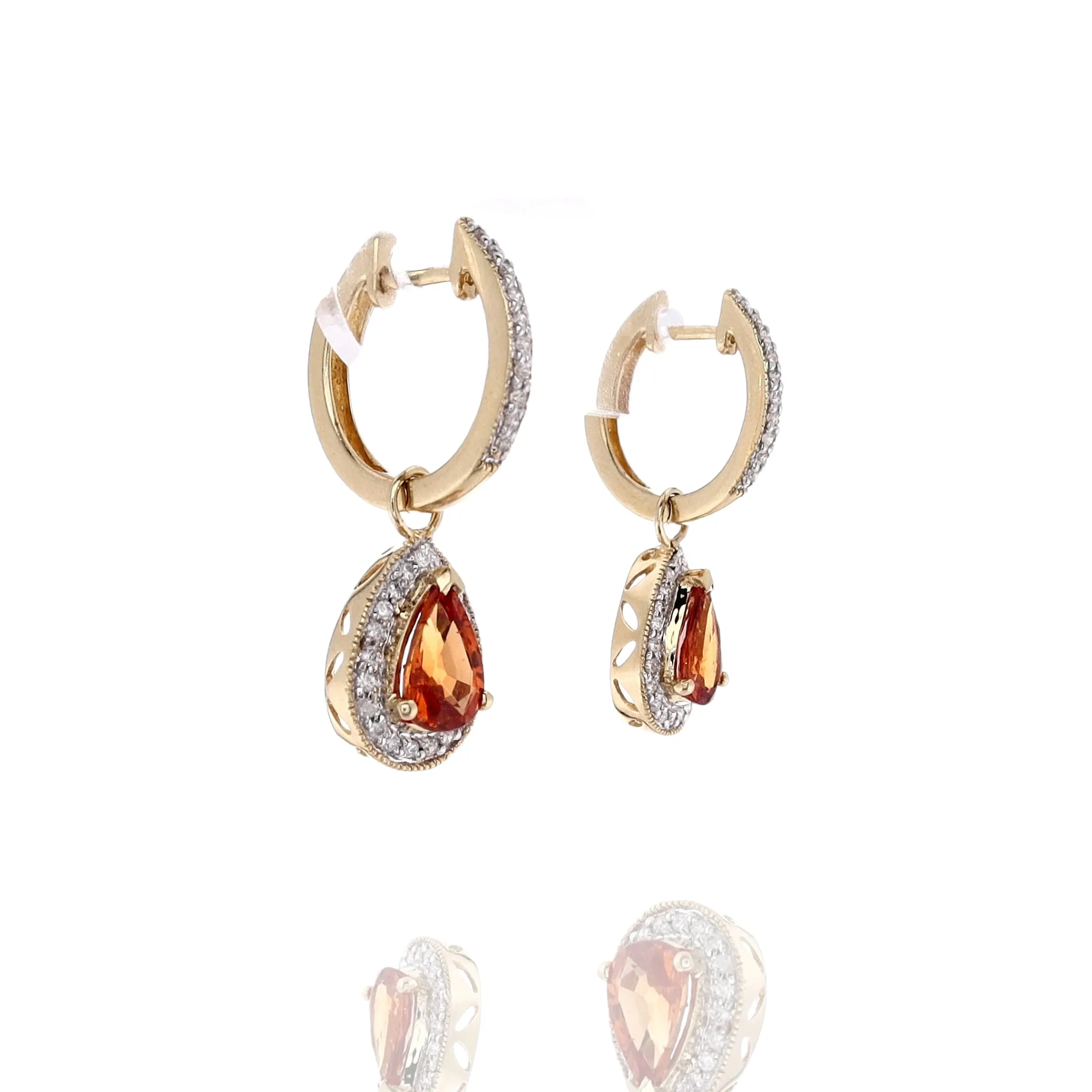 Estate 14k Yellow Gold Orange Garnet and Diamond Dangle Hoop Earrings
