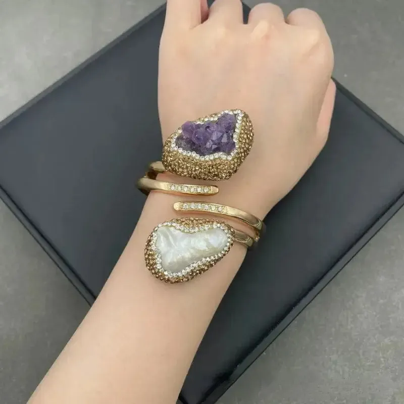 Exquisite Pearl & Amethyst Cuff Jewelry Set