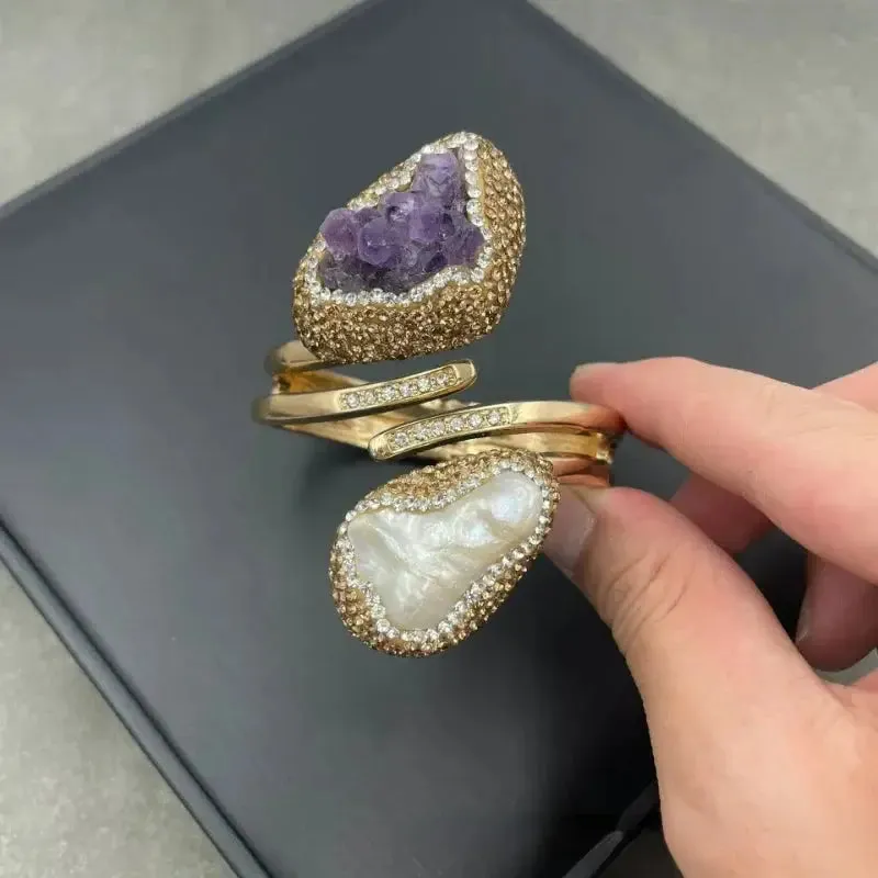 Exquisite Pearl & Amethyst Cuff Jewelry Set