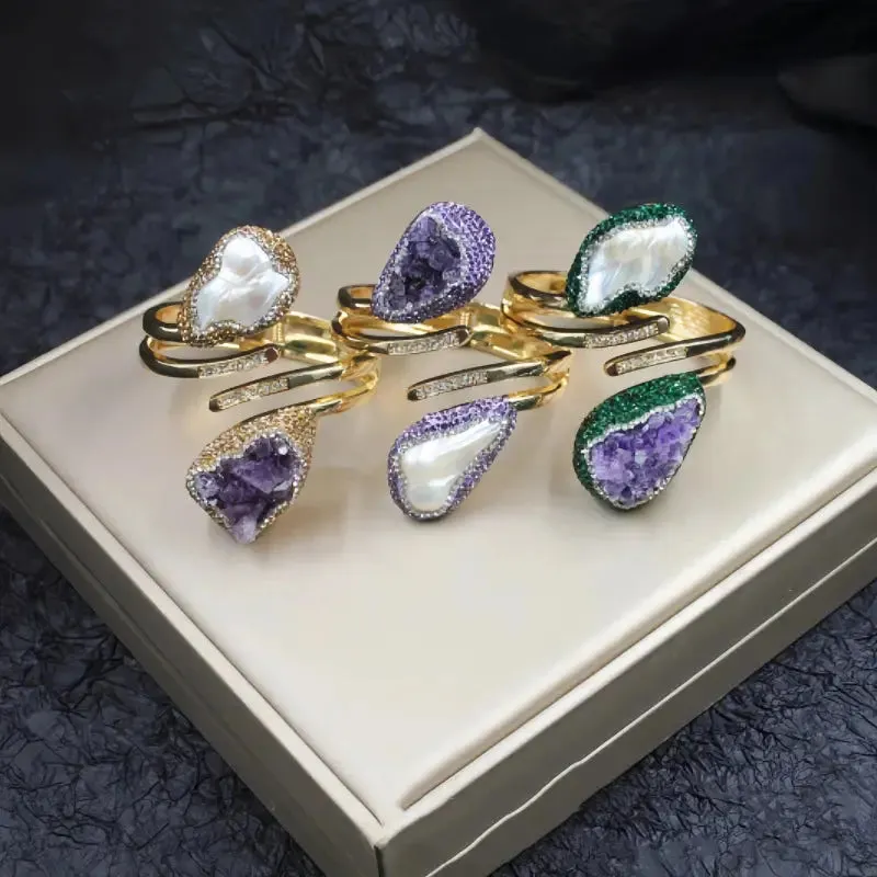 Exquisite Pearl & Amethyst Cuff Jewelry Set