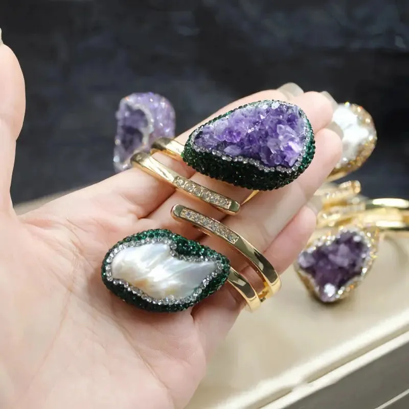Exquisite Pearl & Amethyst Cuff Jewelry Set