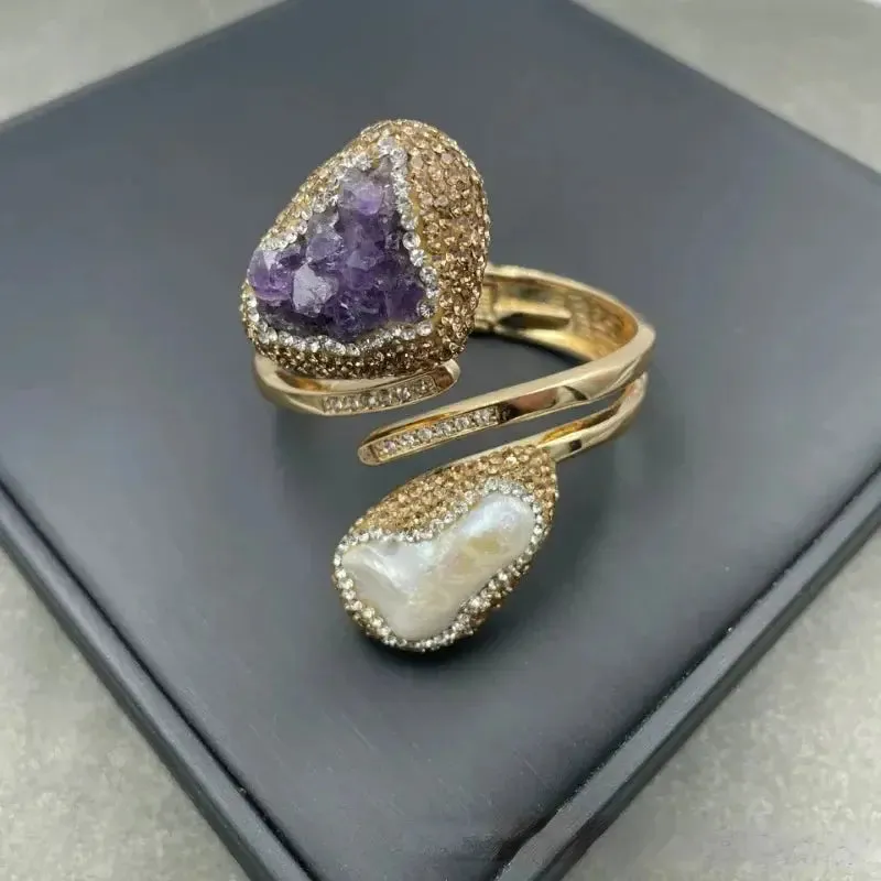 Exquisite Pearl & Amethyst Cuff Jewelry Set
