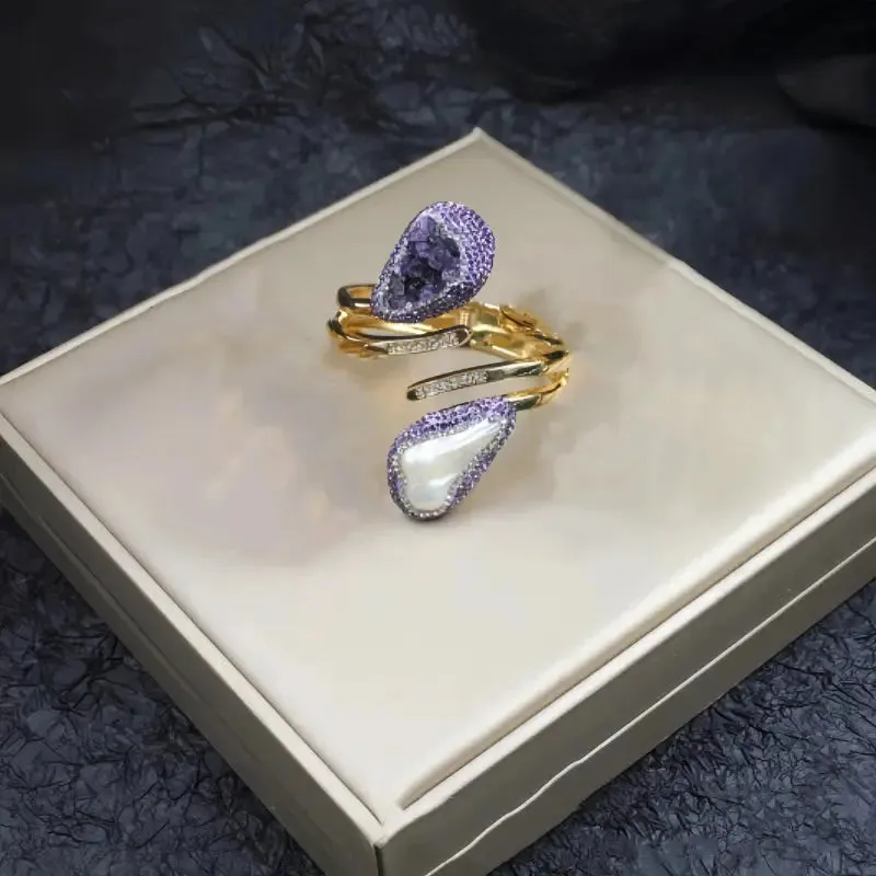 Exquisite Pearl & Amethyst Cuff Jewelry Set