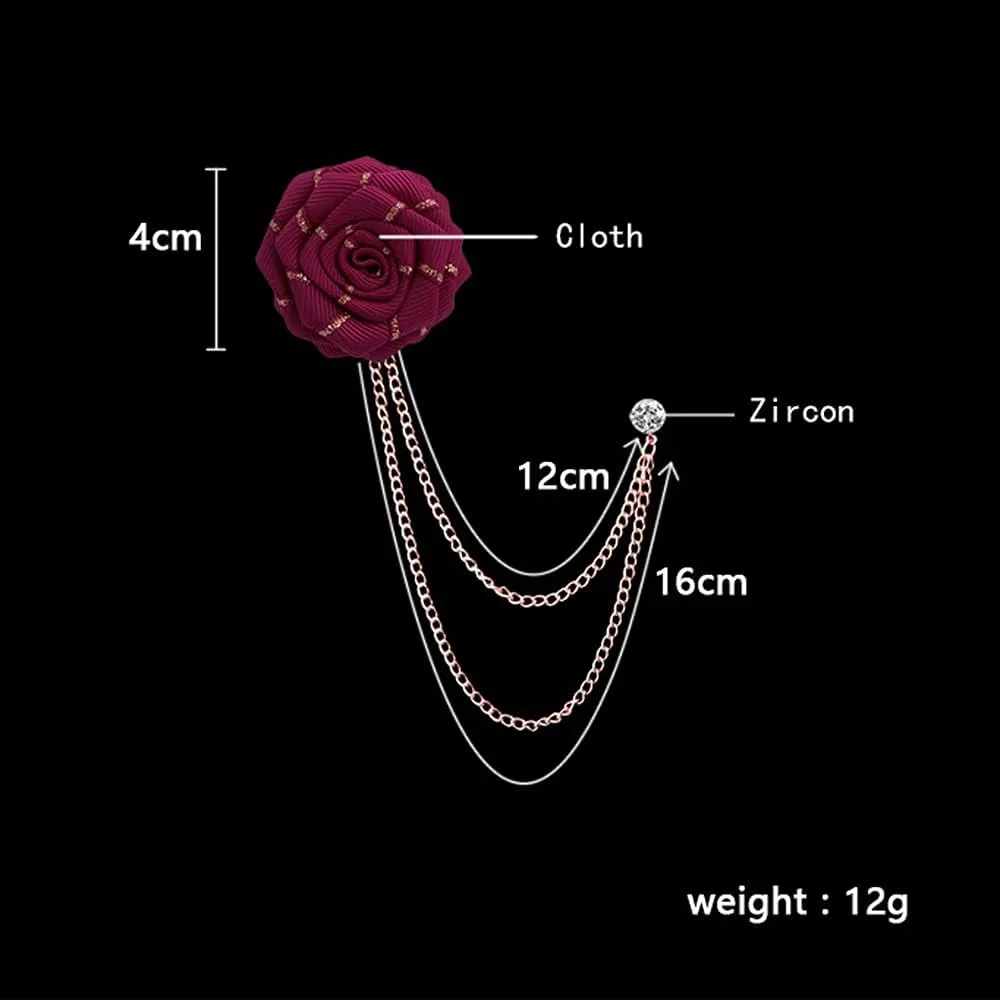 Fashion Bridegroom Wedding Brooches Fabrics Handmade Rose Flower Brooch Lapel Pin Badge Tassel Chain Men's Suit Accessories