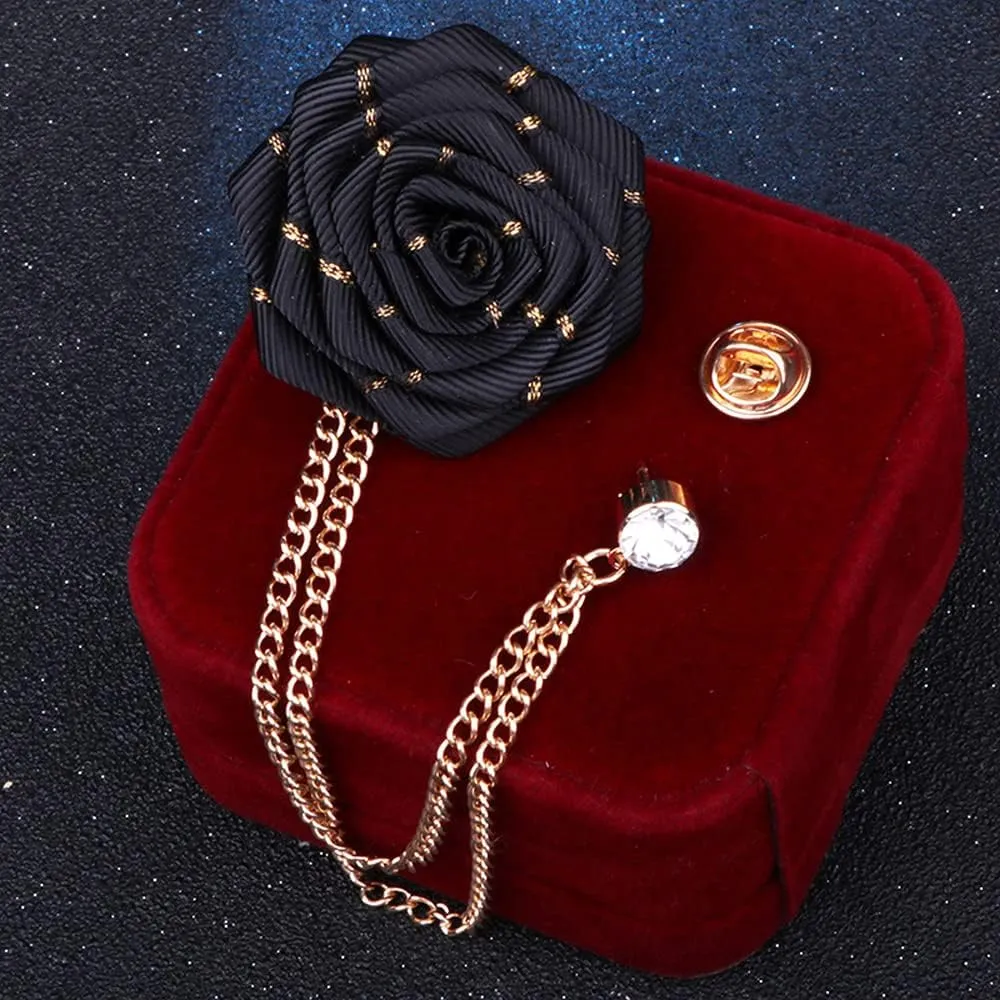 Fashion Bridegroom Wedding Brooches Fabrics Handmade Rose Flower Brooch Lapel Pin Badge Tassel Chain Men's Suit Accessories