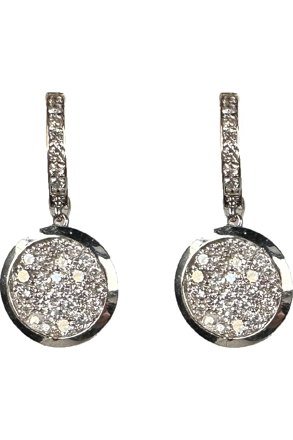 FC Creations Earrings 14K Gold Diamond Huggies with Pave Disc Dangle  1.80 Ct.  | White Gold