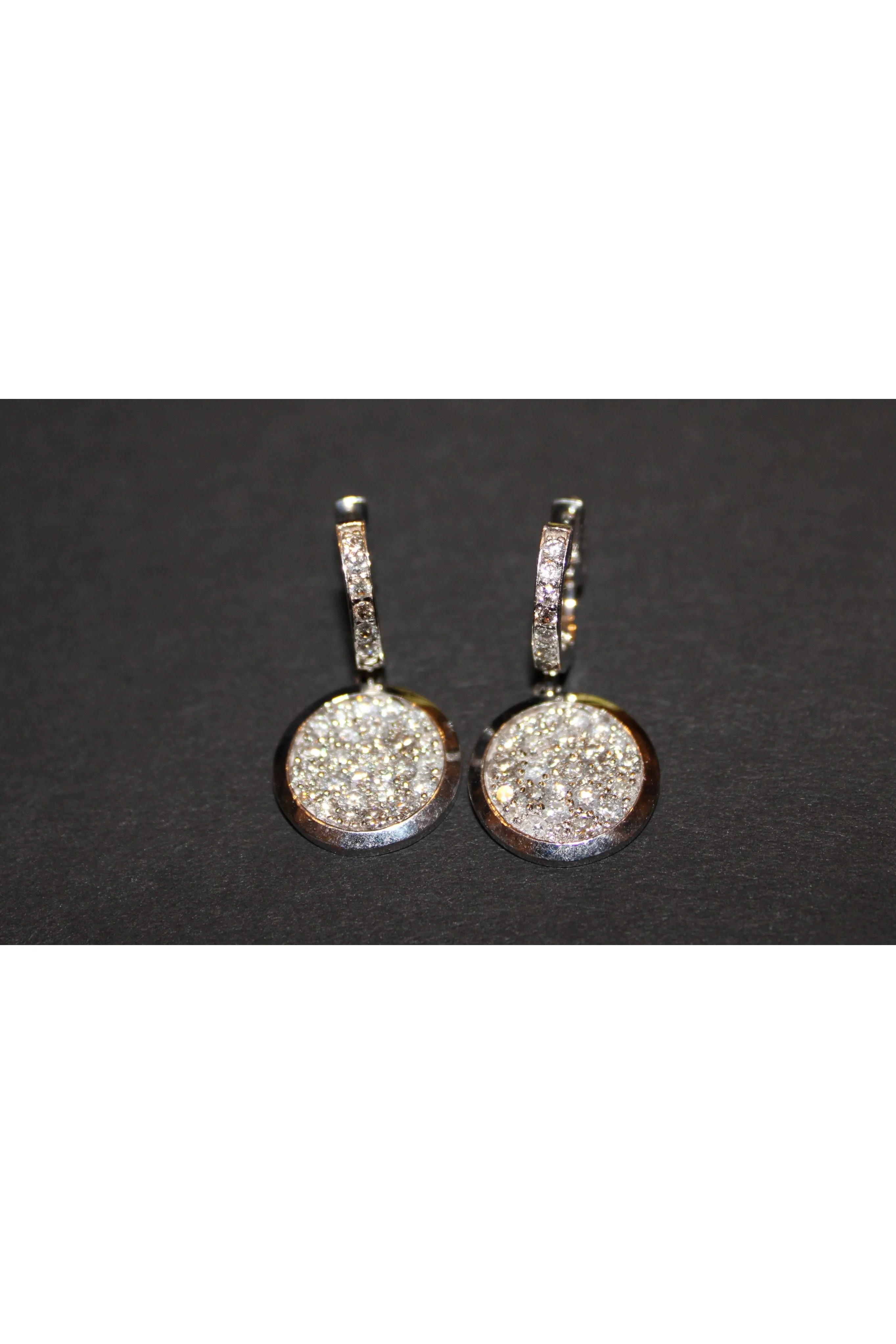 FC Creations Earrings 14K Gold Diamond Huggies with Pave Disc Dangle  1.80 Ct.  | White Gold