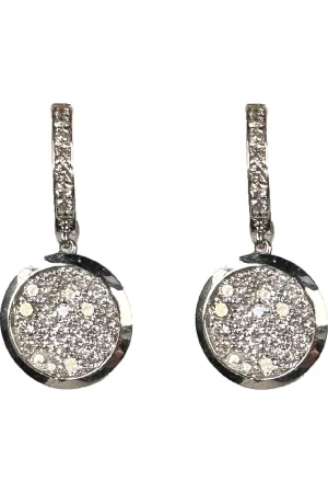 FC Creations Earrings 14K Gold Diamond Huggies with Pave Disc Dangle  1.80 Ct.  | White Gold