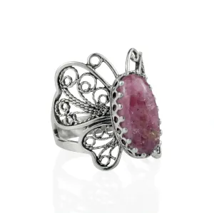 Filigree Art Rhodonite Gemstone Butterfly Design Women Silver Cocktail Ring