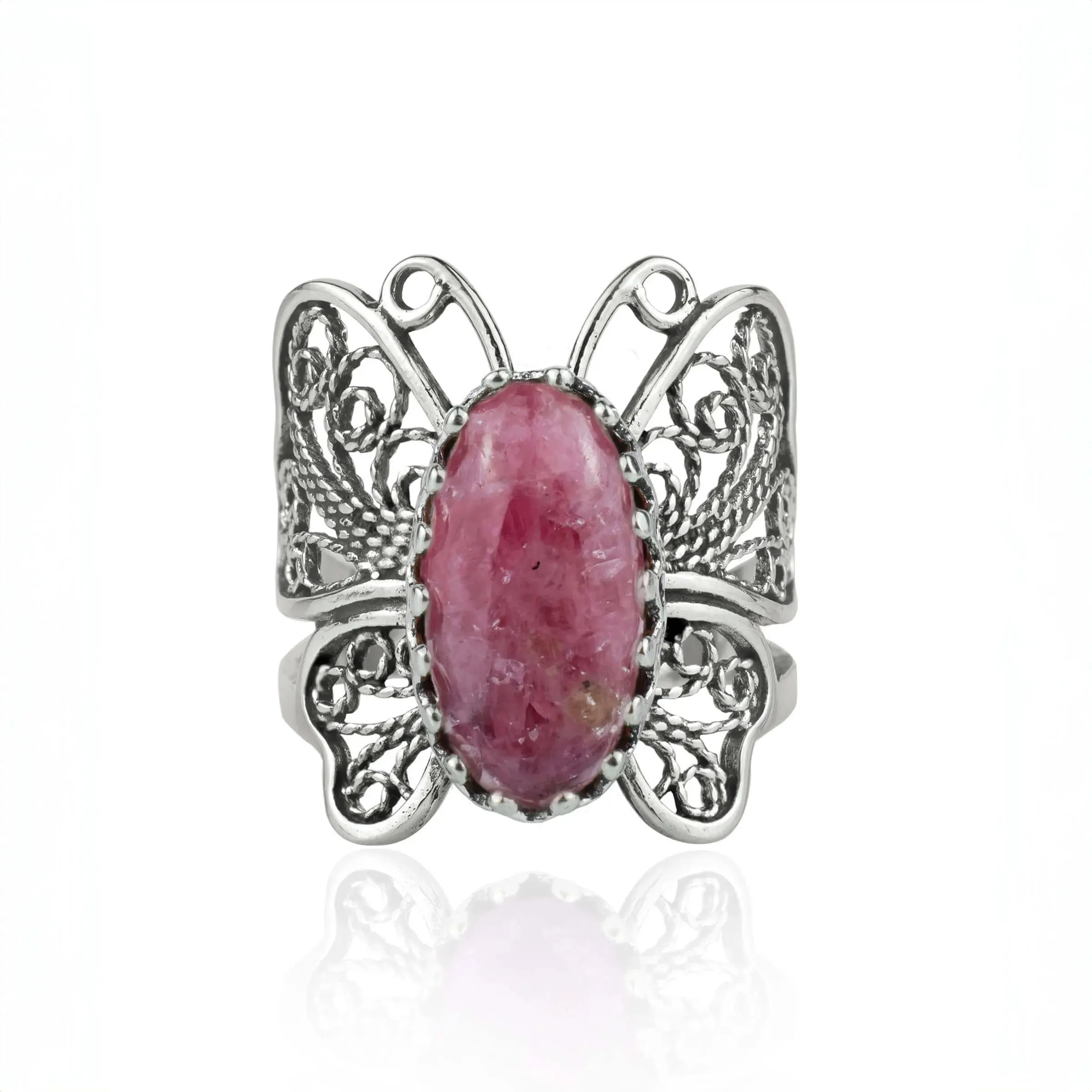 Filigree Art Rhodonite Gemstone Butterfly Design Women Silver Cocktail Ring