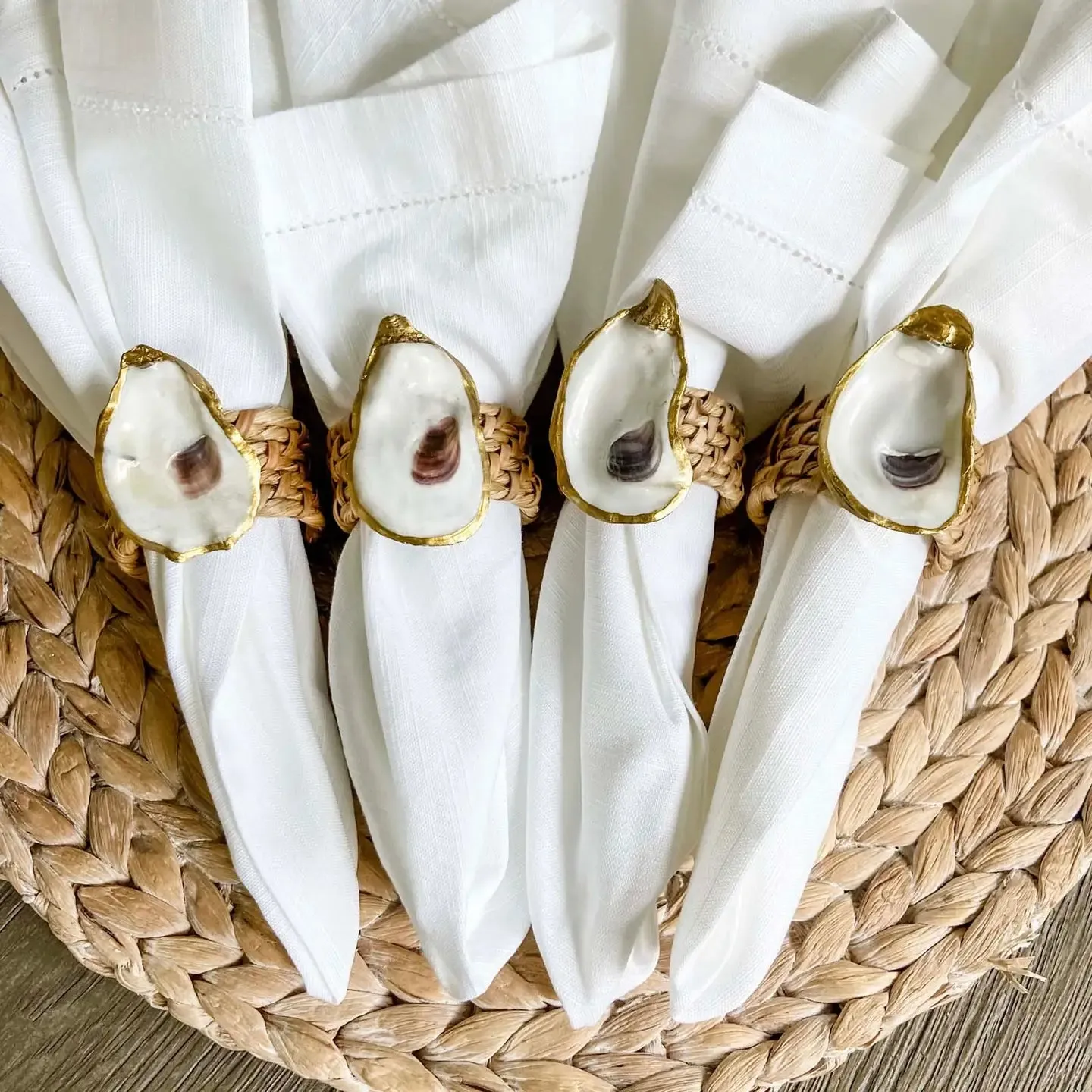 Gilded Oyster Shell Napkin Rings - Coastal Rattan Set of 4 Eco-Friendly Table Decor