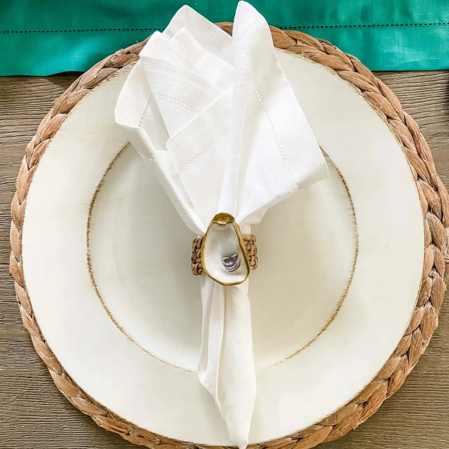 Gilded Oyster Shell Napkin Rings - Coastal Rattan Set of 4 Eco-Friendly Table Decor