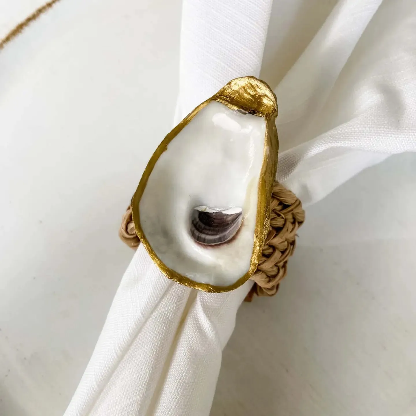 Gilded Oyster Shell Napkin Rings - Coastal Rattan Set of 4 Eco-Friendly Table Decor