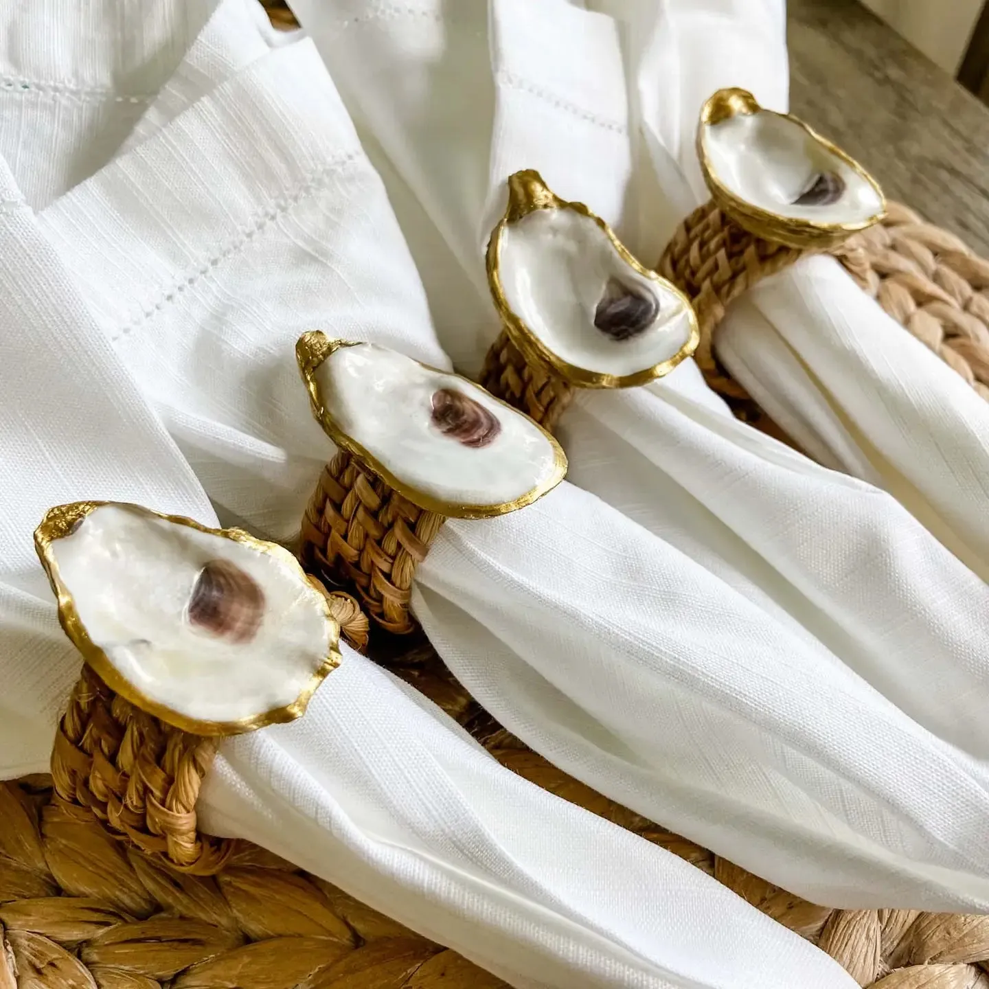 Gilded Oyster Shell Napkin Rings - Coastal Rattan Set of 4 Eco-Friendly Table Decor