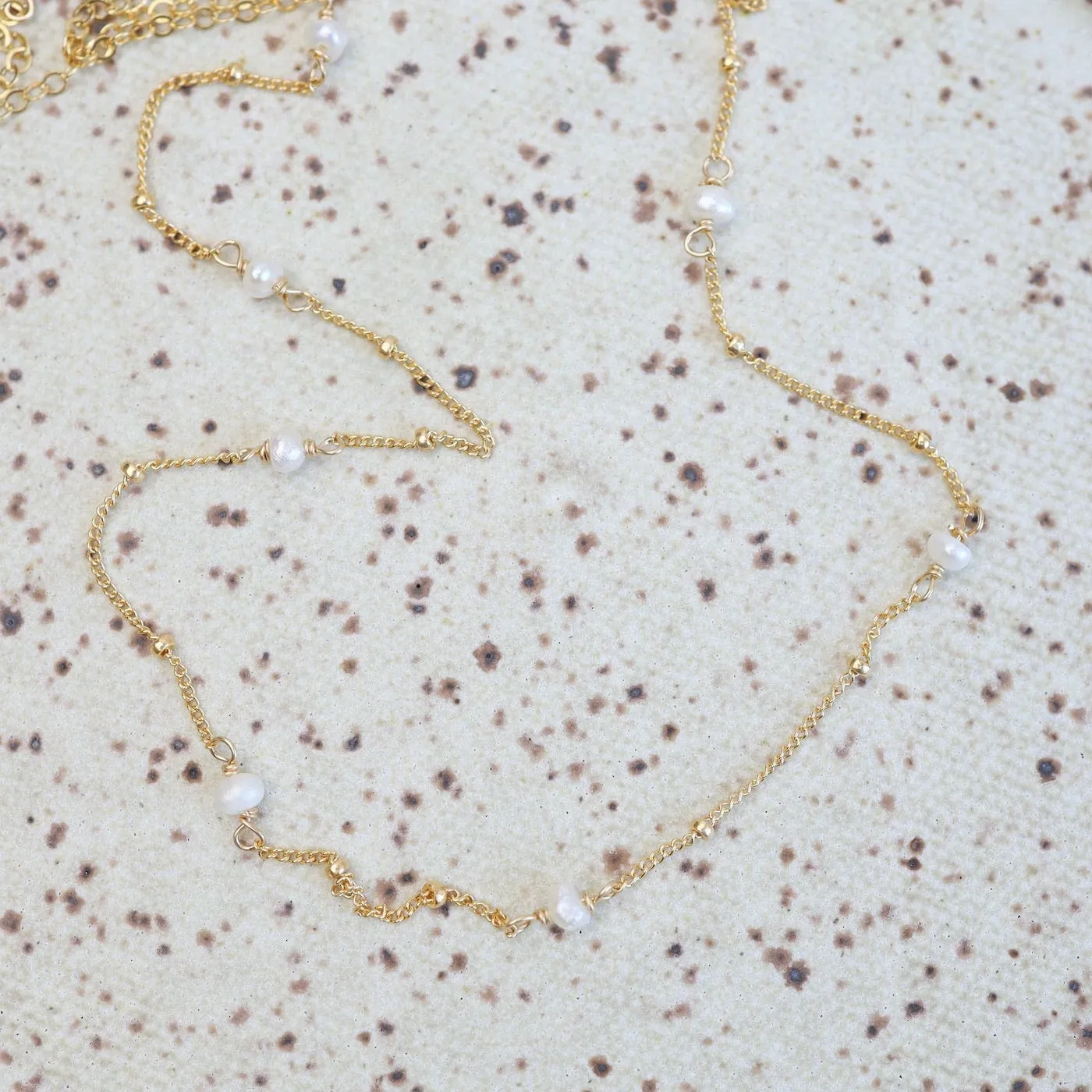 Gold Filled 9 White Pearl Station Necklace