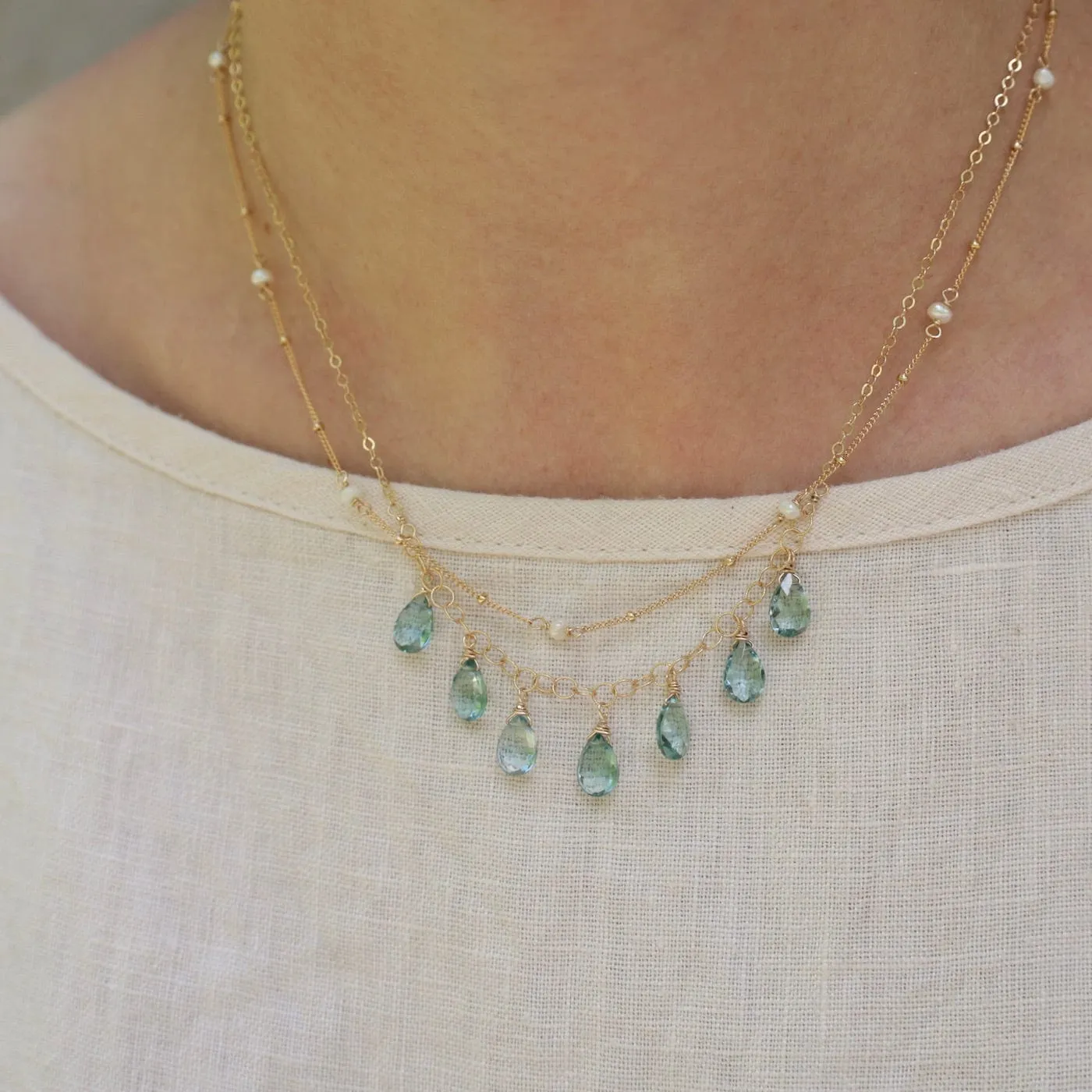Gold Filled 9 White Pearl Station Necklace