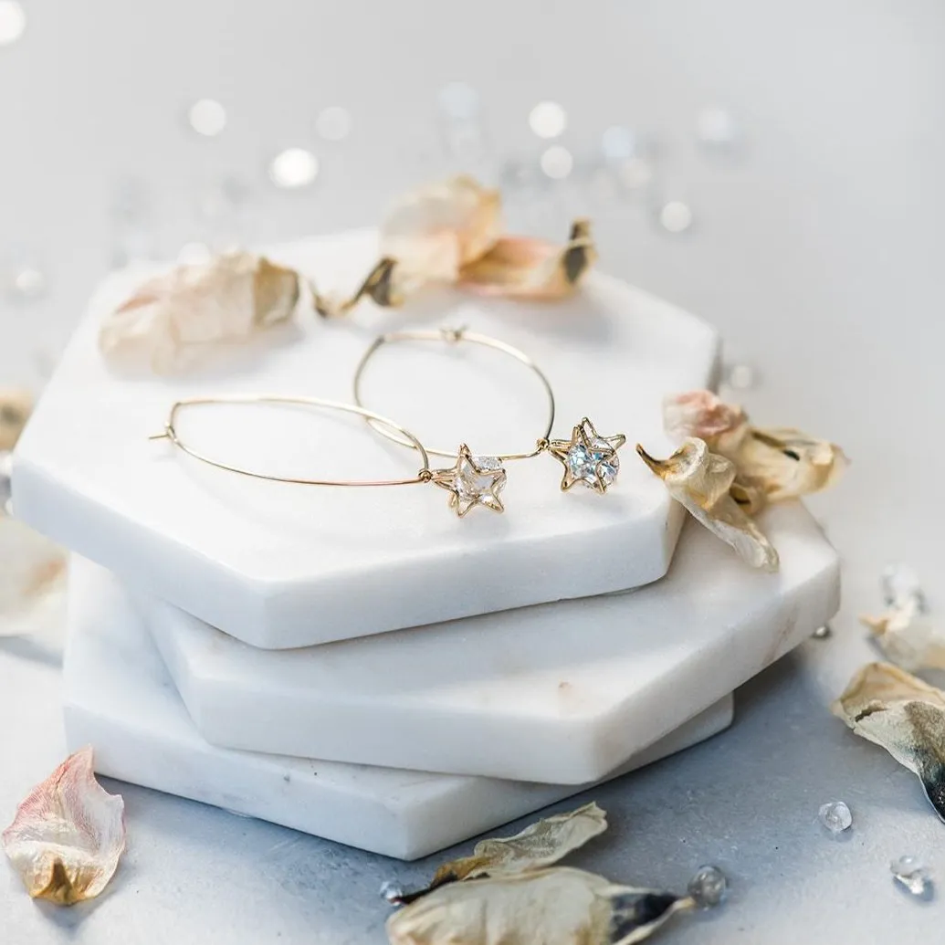 Gold Star Earrings ~ Dangle Hoop Sparkly Stars