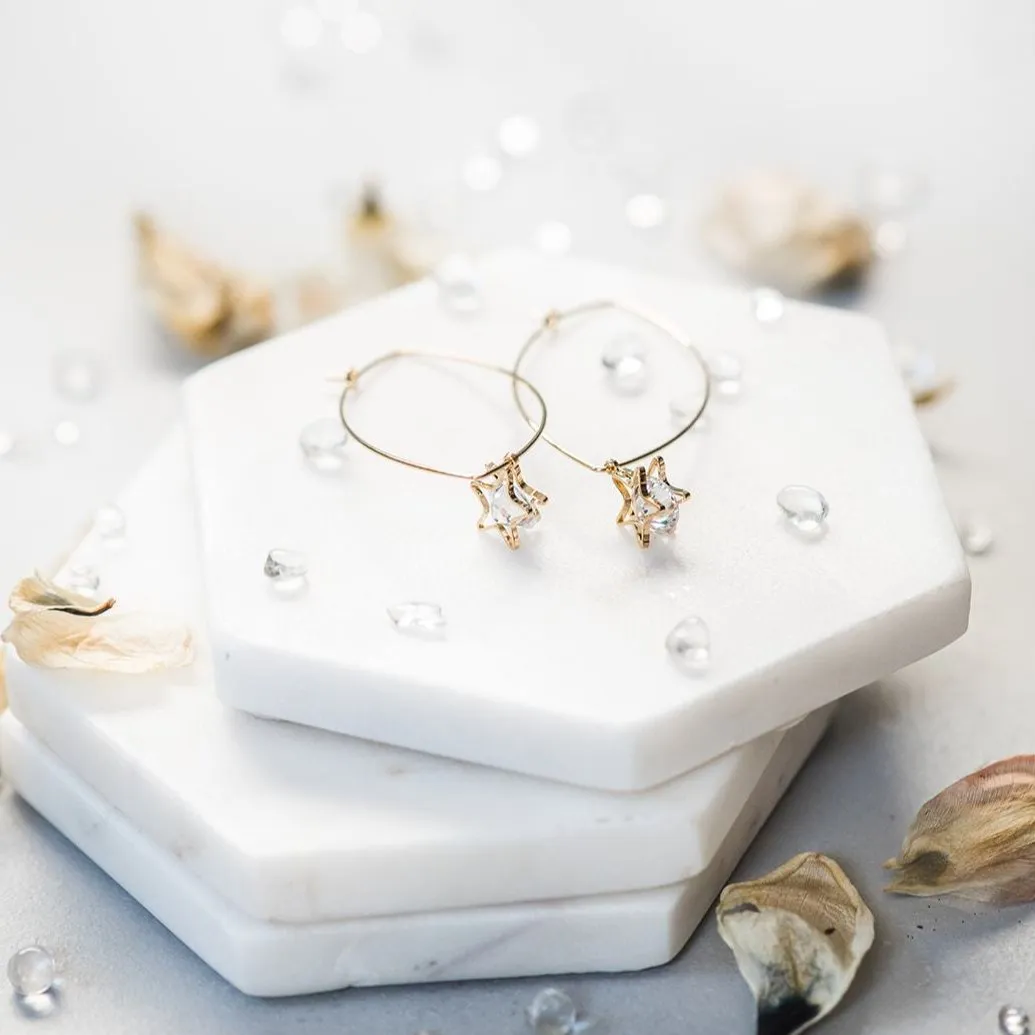 Gold Star Earrings ~ Dangle Hoop Sparkly Stars