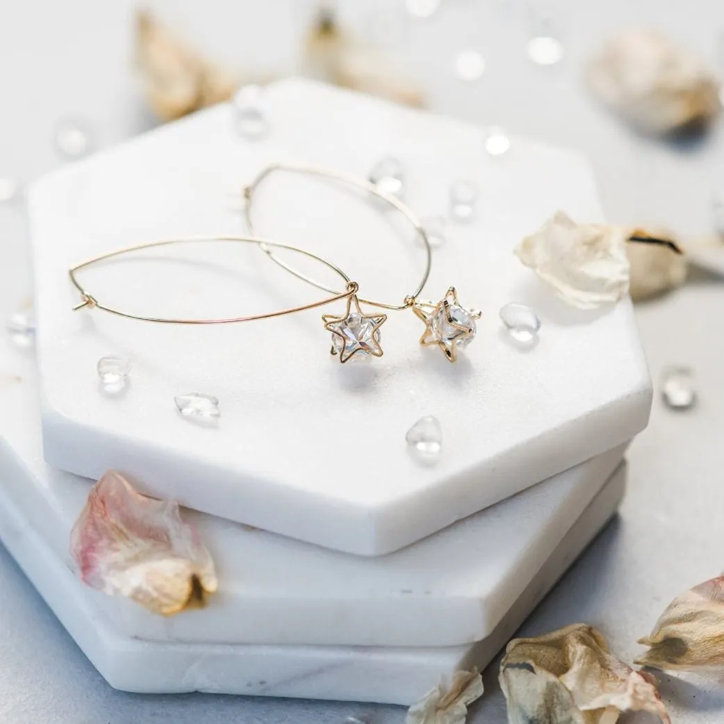 Gold Star Earrings ~ Dangle Hoop Sparkly Stars