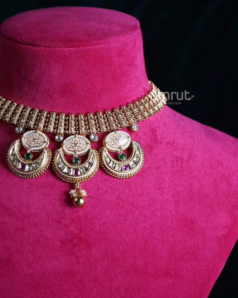 Gold Toned Crescent Pendants and Emerald Green Stones Choker Necklace