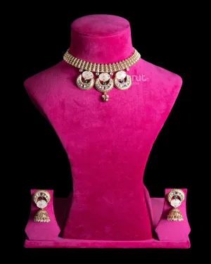 Gold Toned Crescent Pendants and Emerald Green Stones Choker Necklace