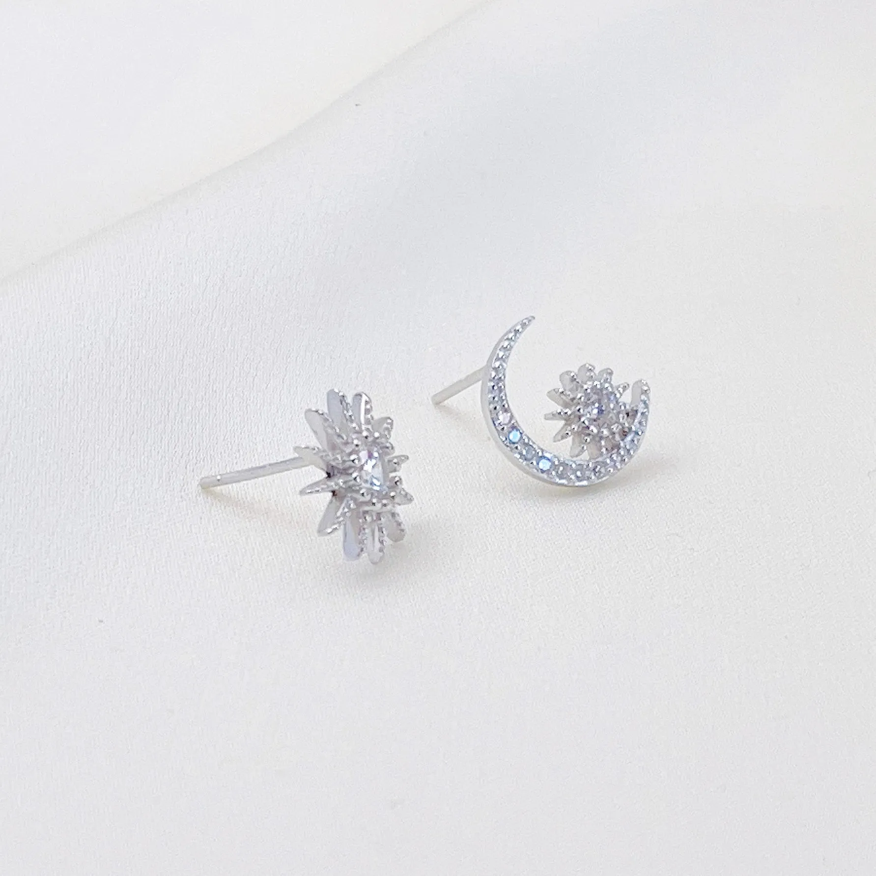 Gold Vermeil lauren mismatched star moon stud paved earrings