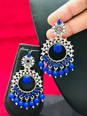 Graceful Oxidized Blue Color Beads Worked Earrings