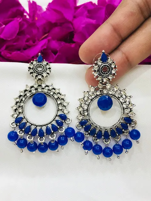 Graceful Oxidized Blue Color Beads Worked Earrings
