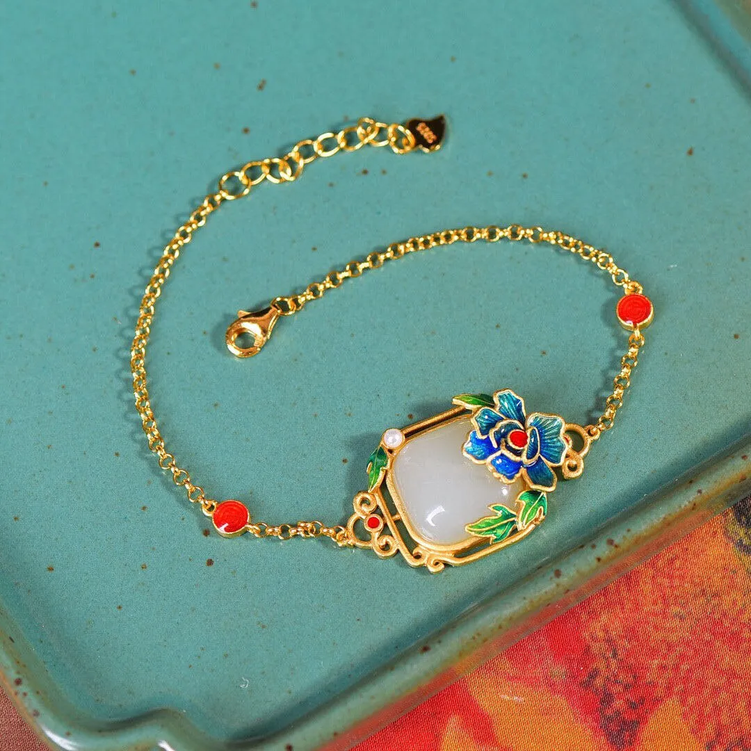 Independent design gilt gold inlaid peony flower natural Hetian jade square bracelet