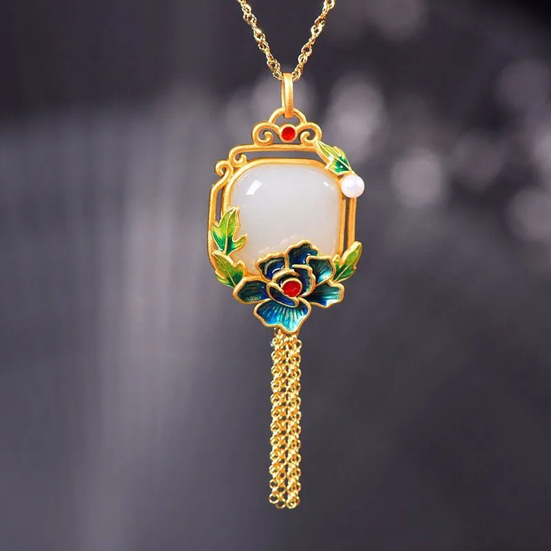 Independent design gilt gold inlaid peony flower natural Hetian jade square bracelet