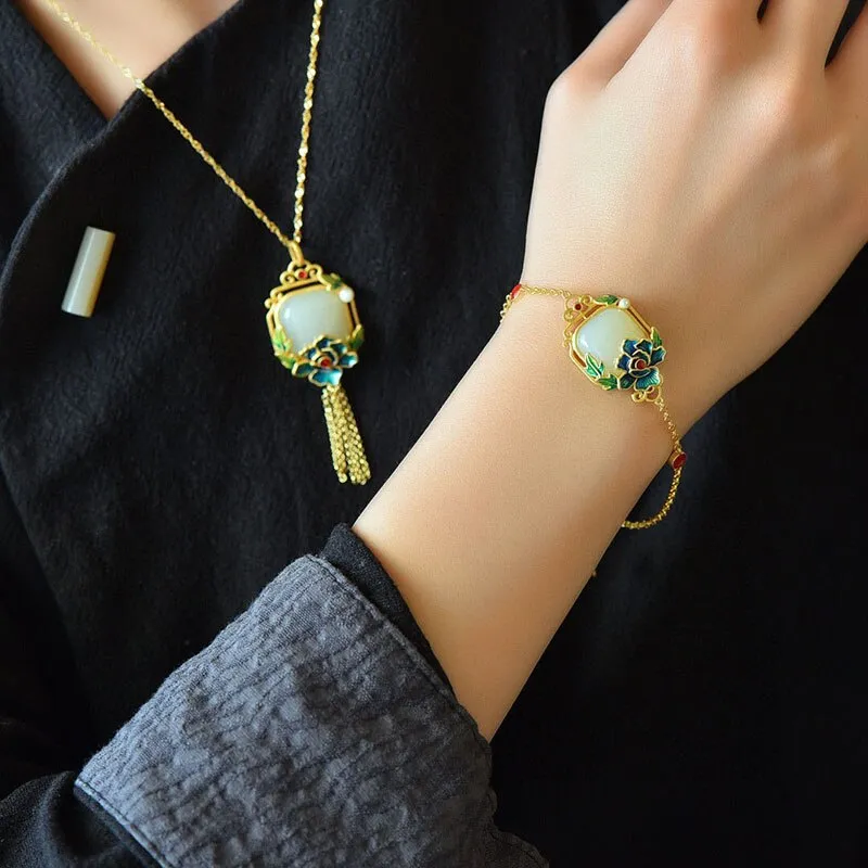 Independent design gilt gold inlaid peony flower natural Hetian jade square bracelet