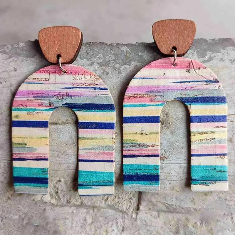 Inverted U-Shaped Wooden Drop Earrings
