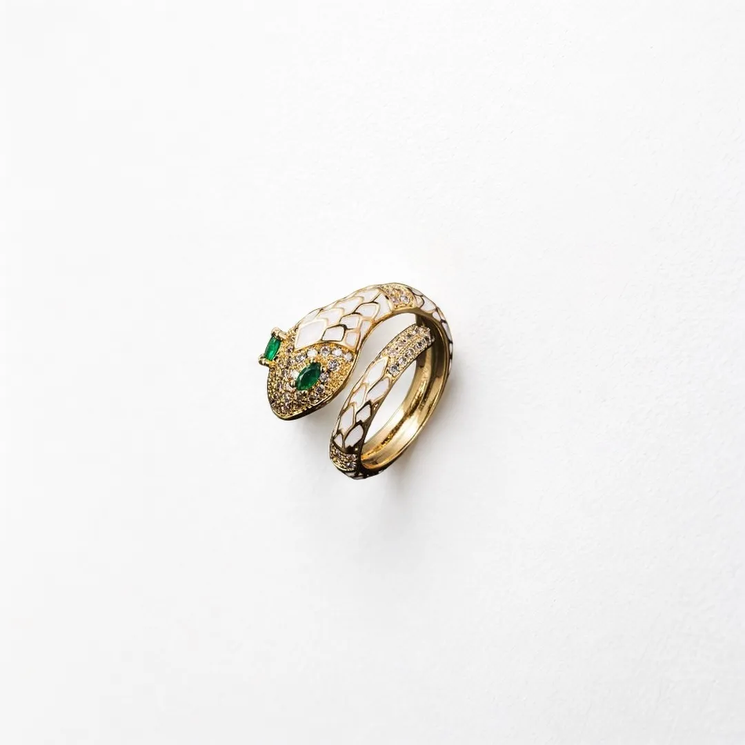 Ivory Serpent: Enamel Glaze Gold-Plated Adjustable Ring